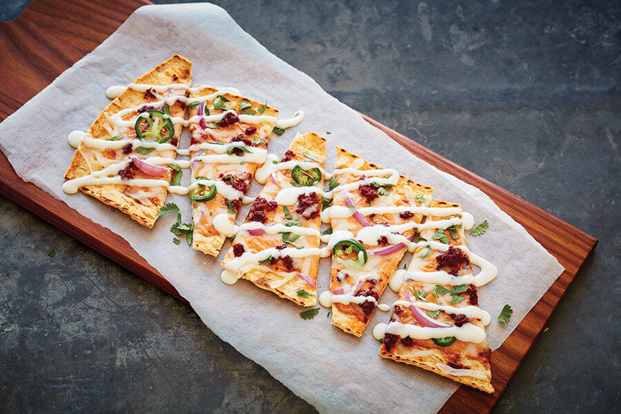 Chorizo Flatbread with Extra Melt White Cheese Sauce and Extra Melt White Cheese Shreds Recipe
